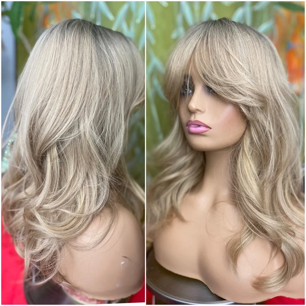 Golden dirty blonde layered wig with bangs and roots